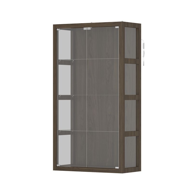 FUFU&GAGA Walnut Grain Glass Display Cabinet with Adjustable Tricolor LED Light, 4 Tempered Glass Shelves, Push-to-Open Door - 34.8" W x 15.7" D x 63" H, Walnut Brown