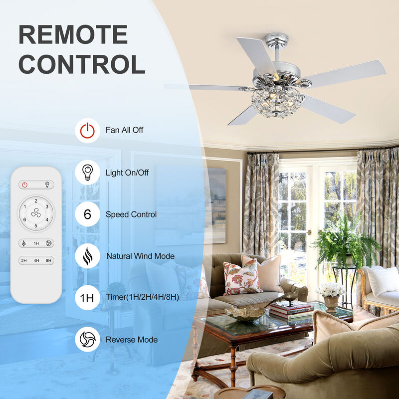 Breezary 52" Ceiling Fan with Light, 5 Blade, 6-Speed DC Motor, Quiet Downrod Mount, Timer, Remote Control image number 2