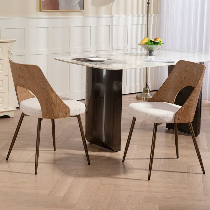 Glamour Home Set of 2 Beige Washed Boucle Fabric Dining Chair Wood Back Black Iron Legs