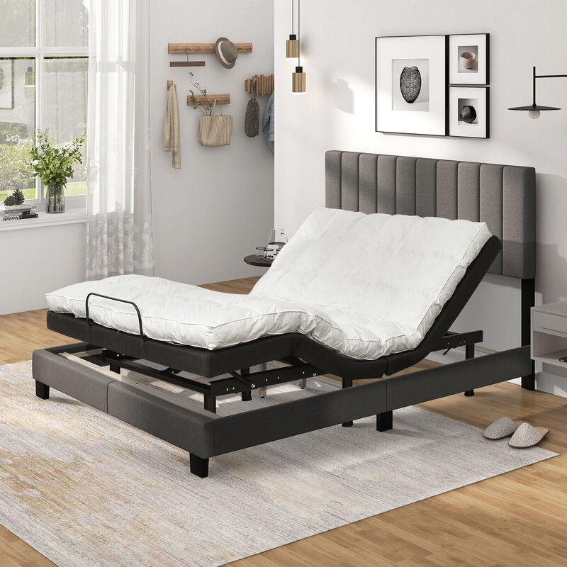 Queen Size Upholstered Bed Frame with Vertical Channel Tufted Headboard Gray