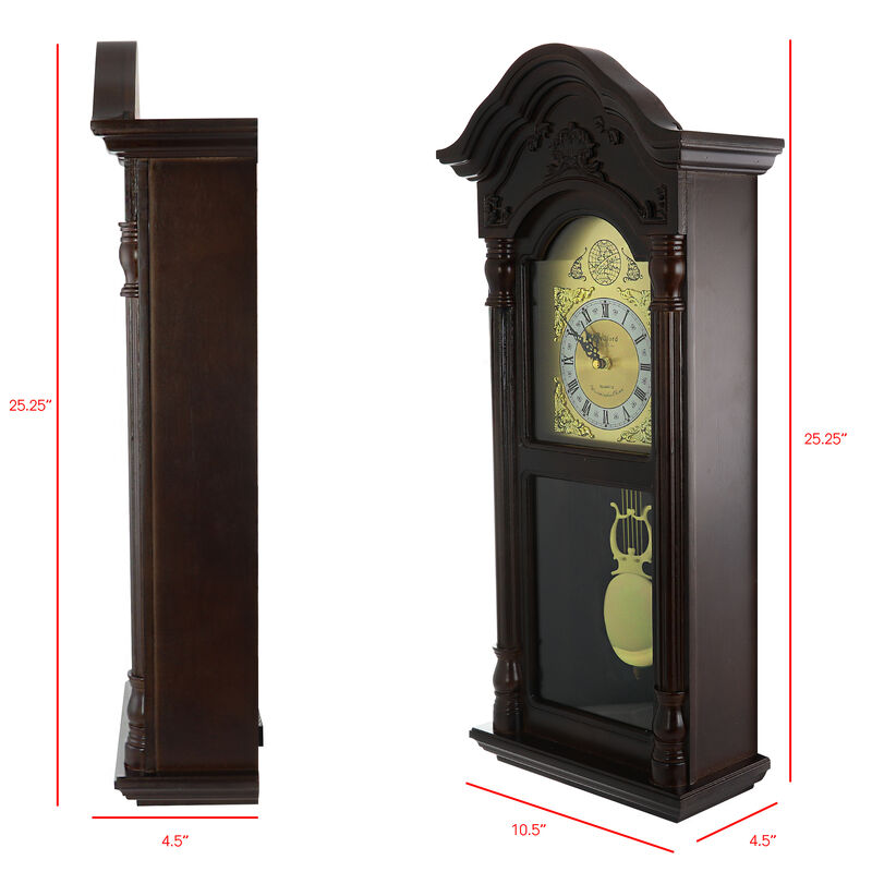 Bedford Clock Collection 25.5 Inch Antique Mahogany Cherry Oak Chiming Wall Clock with Roman Numerals