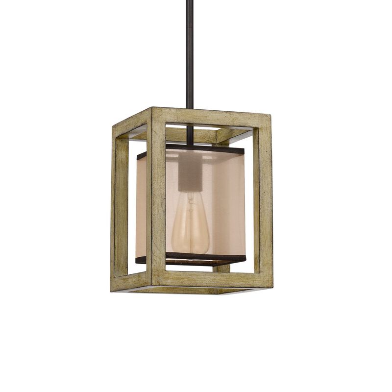 Acia 8 Inch Pendant Light, Rustic Brown Organza Shade, Wood, Metal - Benzara