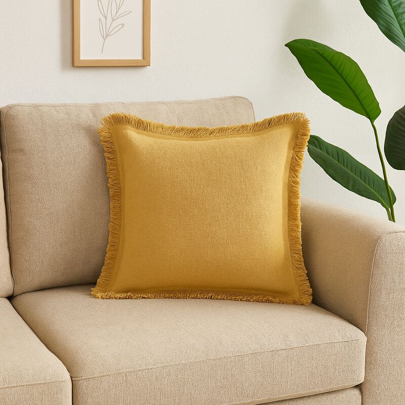 Dax Accent Throw Pillow, 22 Inch Square, Yellow Cotton Woven Texture - Benzara