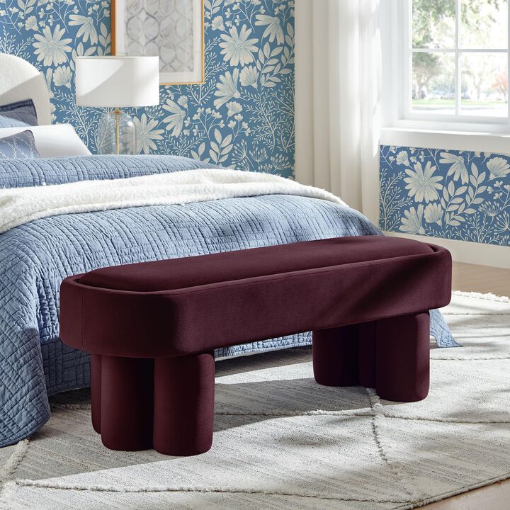 Modway Mossi 52-Inch Modern Oval Performance Velvet Bench in Alabster &ndash; Upholstered Accent Bench with Cylindrical Clover-Leg Base for Bedroom, Entryway, or Living Room