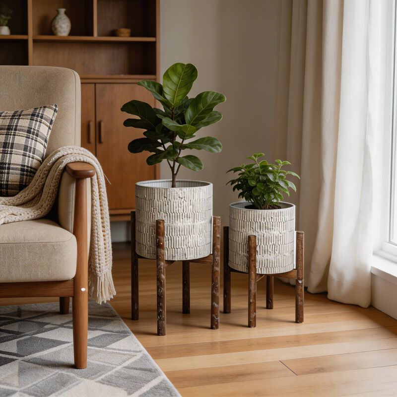 HomeRoots Set of Two Cream And Brown Ceramic And Wood Round Elevated Planters image number 1