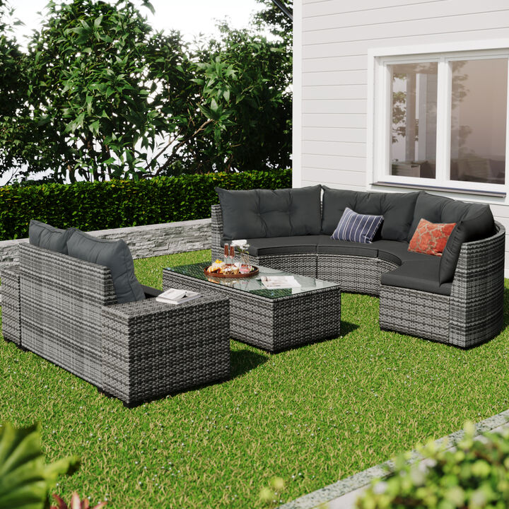 8-pieces Outdoor Wicker Round Sofa Set, Half-Moon Sectional Sets All Weather, Curved Sofa Set With Rectangular Coffee Table, PE Rattan Water-resistant and UV Protected, Movable Cushion, Gray