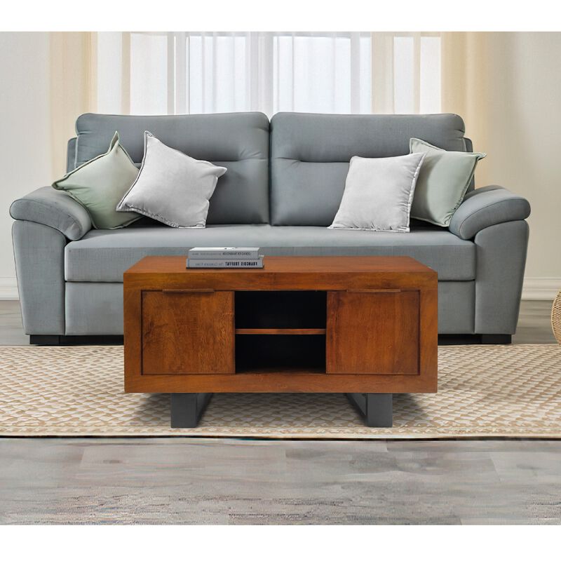 36 Inch Rectangular Wooden Industrial Coffee Table, Open Compartments and Sled Base, Brown-Benzara image number 2