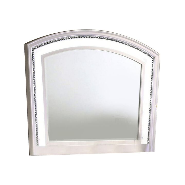 Wall Mirror with LED light and Crystal Accents, White-Benzara
