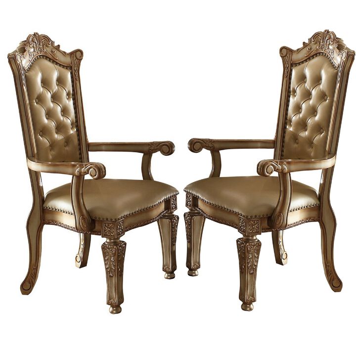 27 Inch Wood Dining Side Chair, Faux Leather, Set of 2, Gold-Benzara