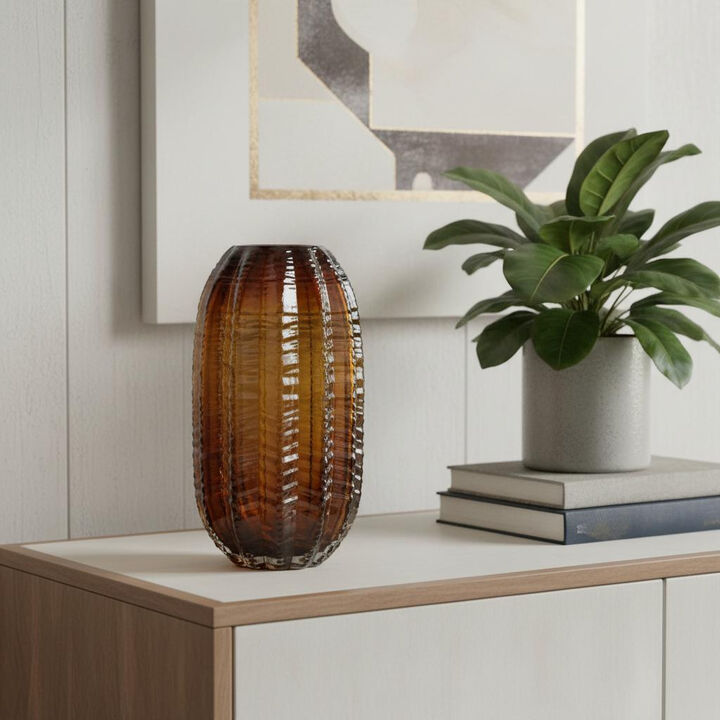 HomeRoots 11" Burnt Umber Glass Textured Round Table Vase