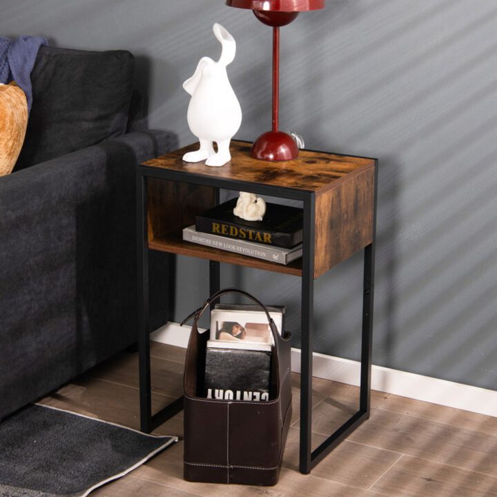 Industrial Side Table with Anti-Rust Steel Frame and Open Storage