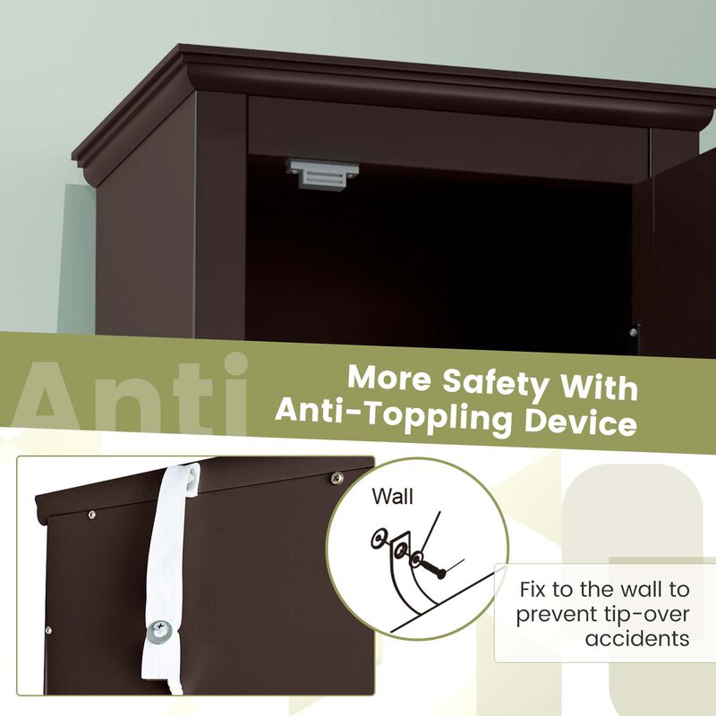 Costway Tall Bathroom Floor Cabinet Narrow Linen Tower with 2 Doors & Adjustable Shelf Grey