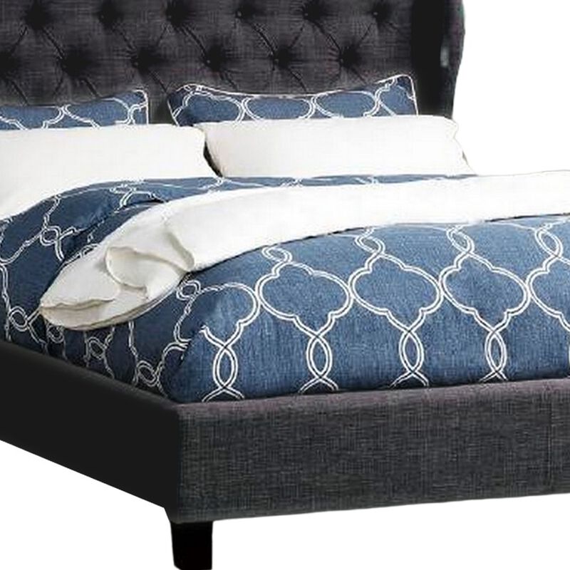 Jimi King Bed, Button Tufted Headboard, Charcoal Gray Polyester Upholstery - Benzara