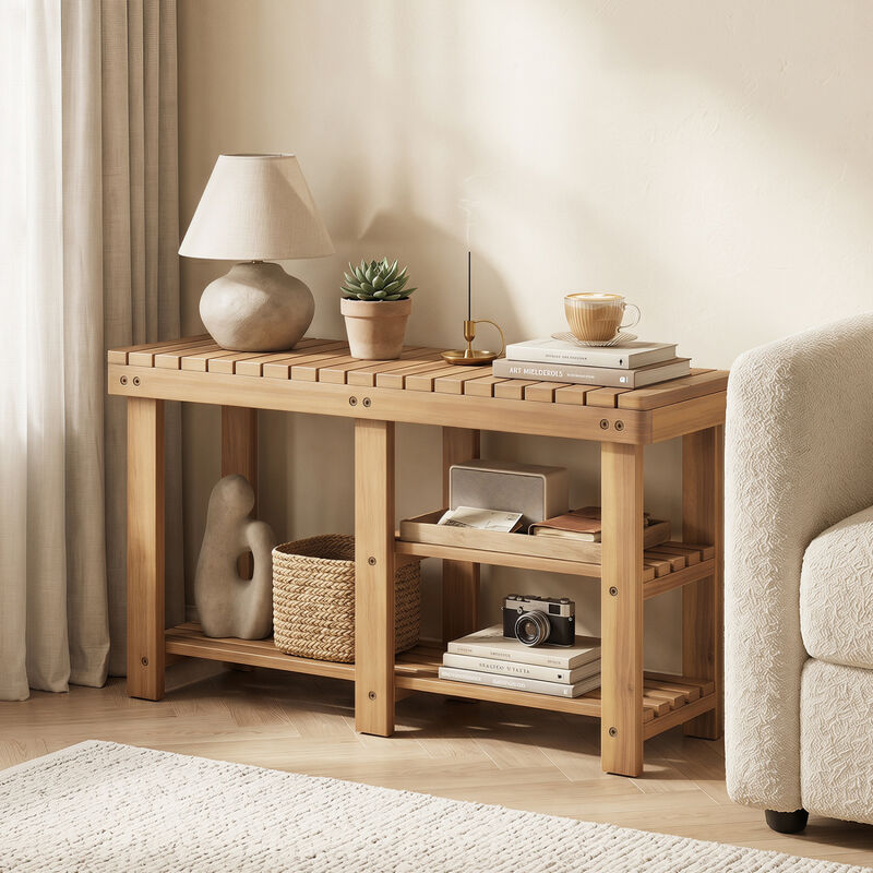 Entryway Shoe Rack Bench 3-Tier Solid Wood Slatted Design image number 3