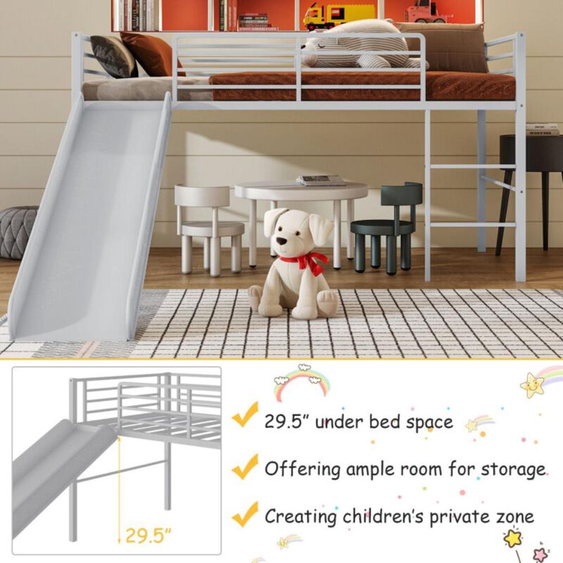 Hivvago Twin Metal Loft Bed with Slide Safety Guardrails and Built-in Ladder
