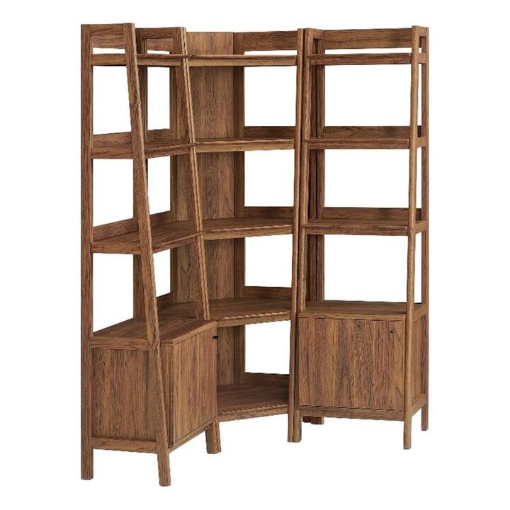 Modway Bixby 3-Piece Corner Bookshelf Set with Narrow Bookshelves in Walnut &ndash; 12-Tier Wood Bookcases with Open Shelves for Living Room, Bedroom, Or Home Office