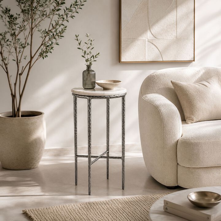 Minza Accent Side End Table, Modern Marble Round Top, Hand Forged, Hammered Antique Finish