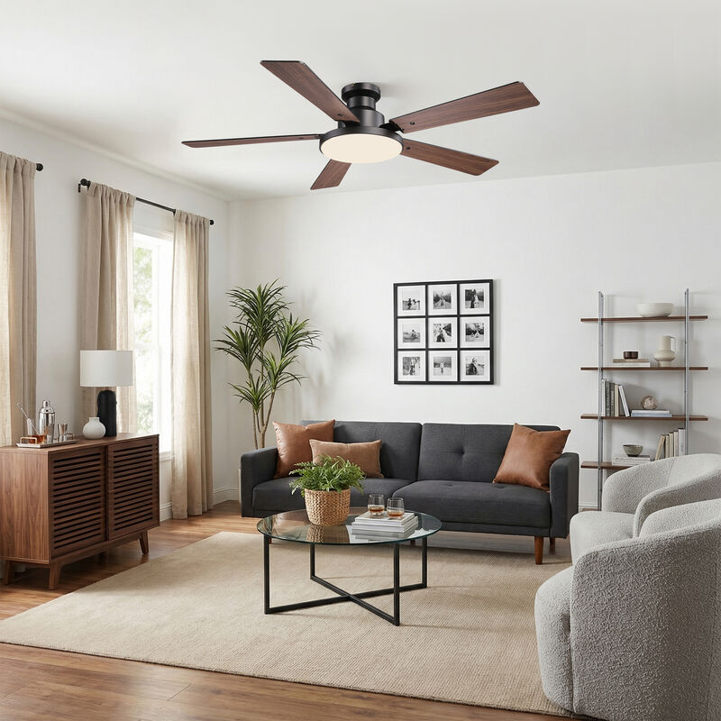 52" Modern Matte Black Dimmable Reversible Low Profile Flush Mount Smart Ceiling Fan with Light, APP Control and Remote image number 2