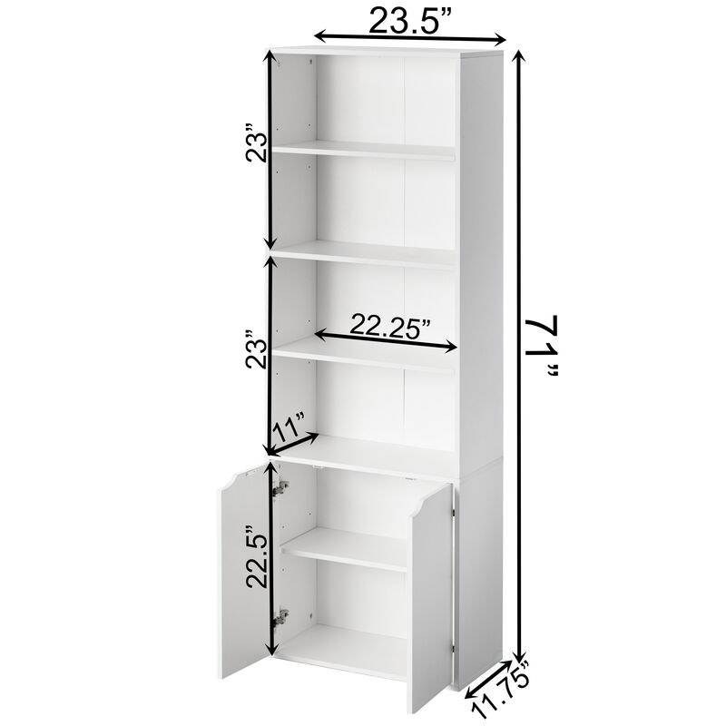 71 Inches Multi Purpose White 4 Tier Open Book Shelf and Bookcases with 2 Doors Storage Cabinet and 1 Adjustable Shelf - Ideal for Home Office, Living Room, Classroom, Study Room