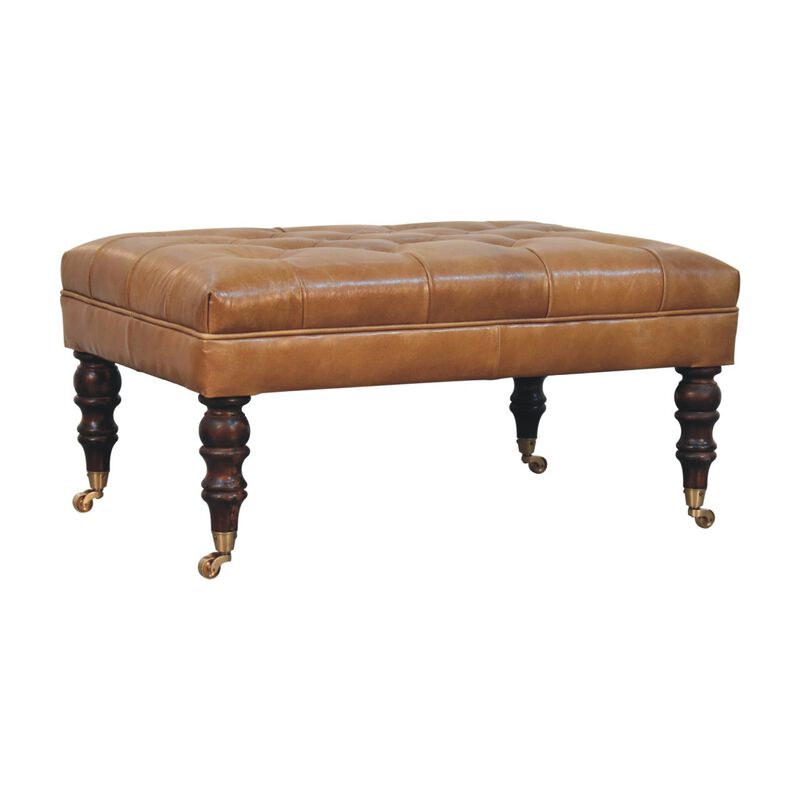 Artisan Furniture Solid Wood, Upholstered California Walnut Buffalo Tan Leather Ottoman with Castor Legs