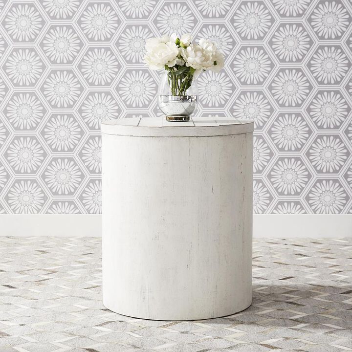 Liberty Furniture Modern Farmhouse Drum End Table in Flea Market White w/ Heavy Distressing