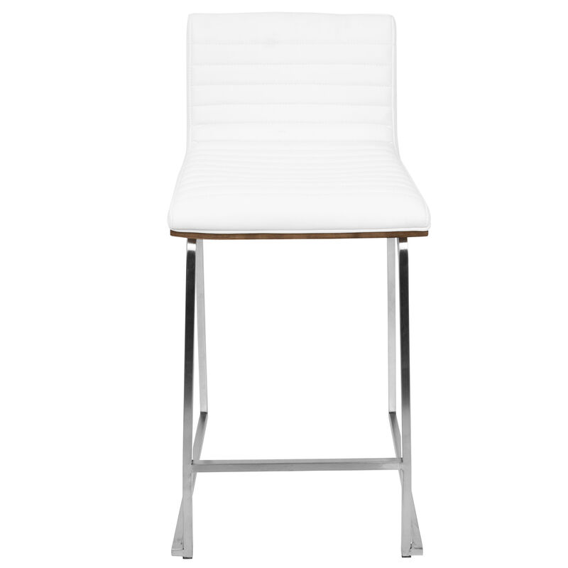 Lumisource Mara Contemporary Counter Stool in Brushed Stainless Steel, Walnut Wood, and White Faux Leather - Set of 2