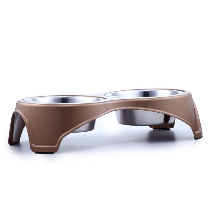Plastic Framed Double Diner Pet Bowl in Stainless Steel, Small, Gold and Silver-Benzara