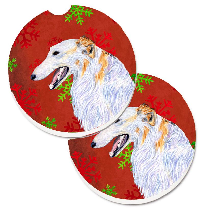 Caroline's Treasures Borzoi Red & green Snowflakes Holiday Christmas Set of 2 Cup Holder Car Coasters SS4682CARC, 2.56, Multicolor image number 0