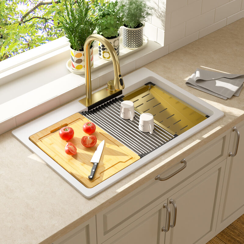 33x22x10 Inch White Granite Composite Waterfall kitchen Sink Drop In Single Bowl Quartz Workstation Kitchen Sink