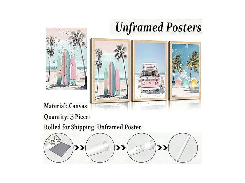 3 Pack Pink Beach Wall Art Tropical Teen Girl Coastal Canvas Poster Surfboard image number 3