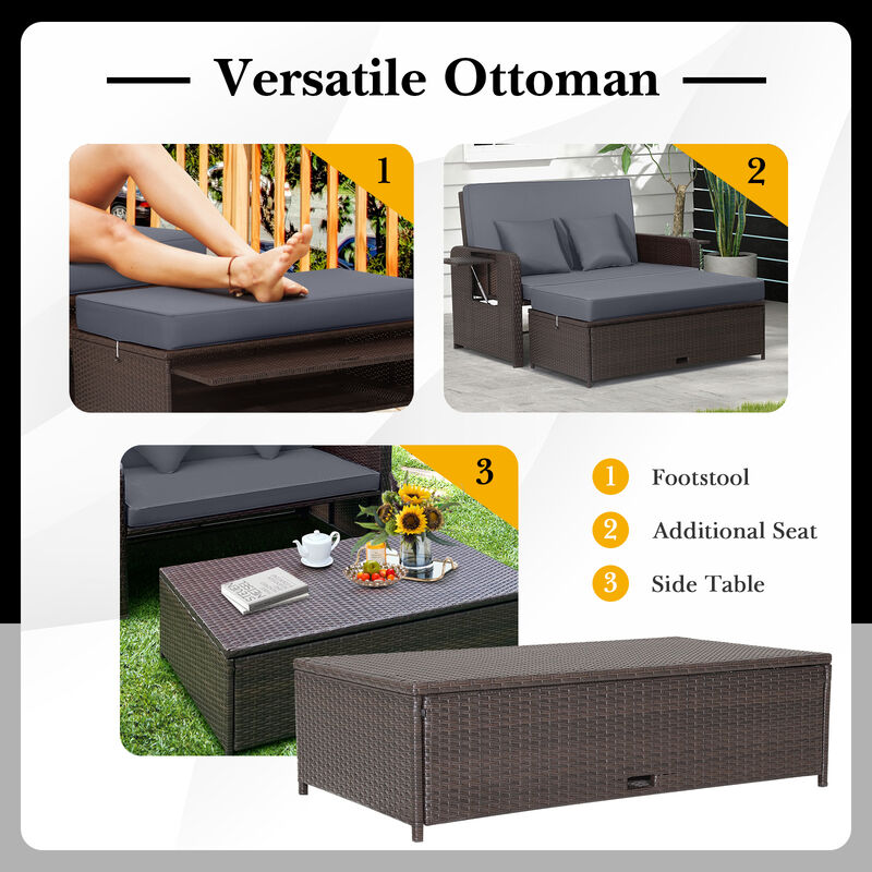 Patio Rattan Daybed with 4-Level Adjustable Backrest and Retractable Side Tray