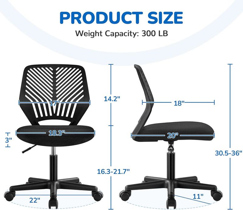 ShipItFurniture Low Back Armless Desk Chair with Lumbar Support, Black image number 3