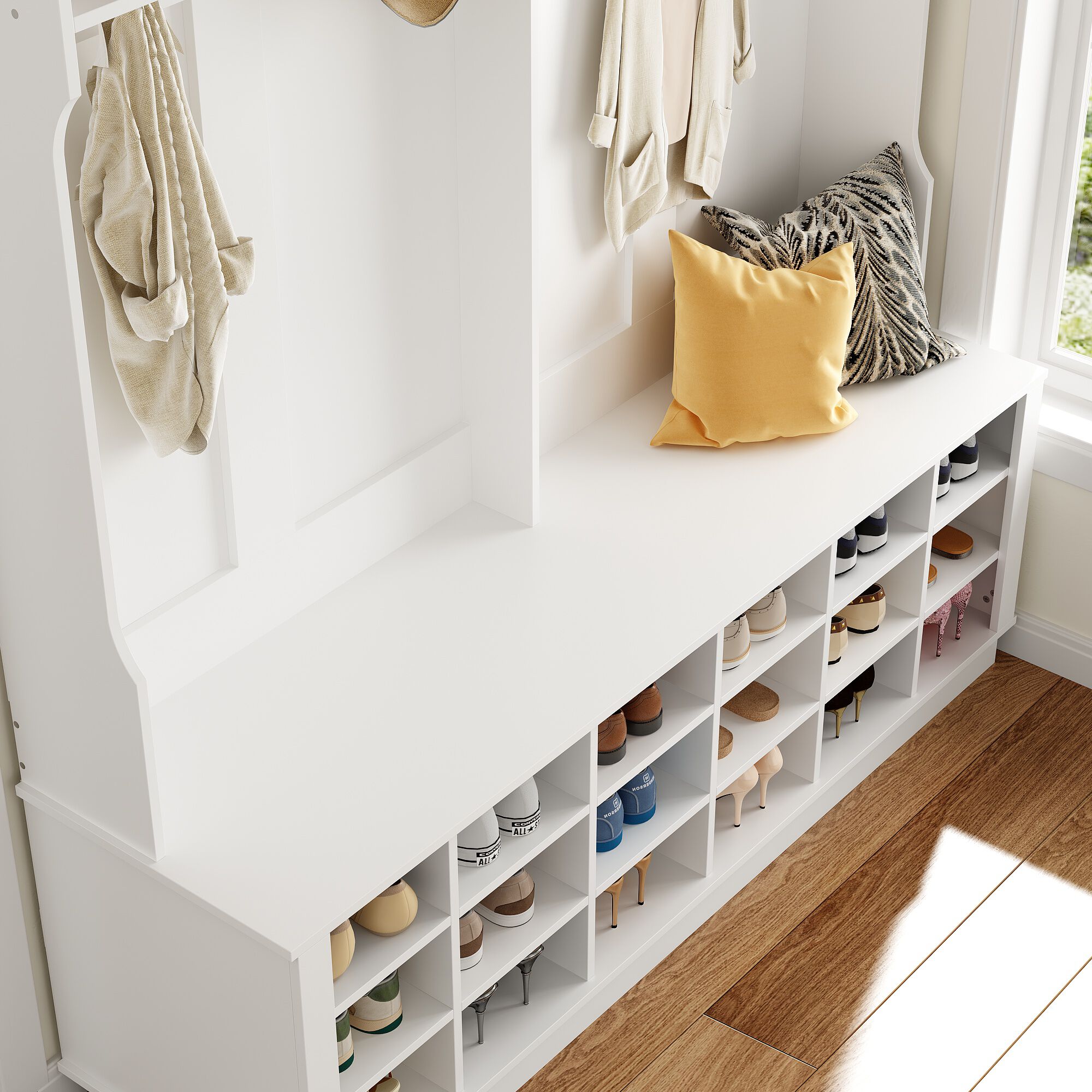 63 in. W White Wood 3-in-1 Hall Tree Coat Rack Shoe Storage Bench