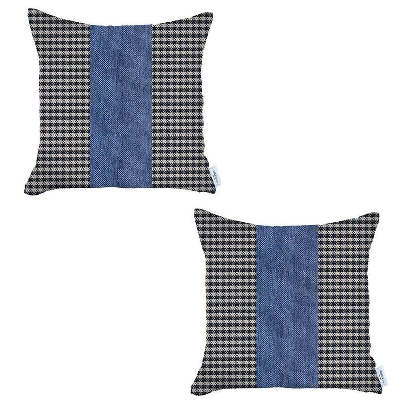 Homezia Set Of Two 18" X 18" White And Blue Houndstooth Zippered Handmade Polyester Throw Pillow image number 1