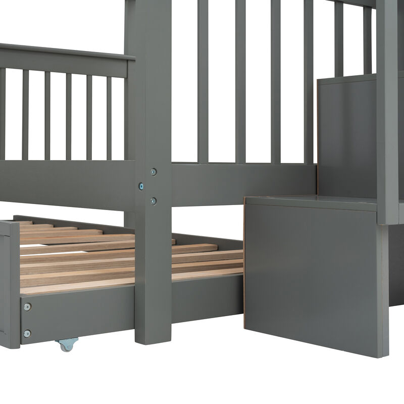 Whisen Stairway Full-Over-Full Bunk Bed with Twin size Trundle, Storage and Guard Rail for Bedroom, Dorm