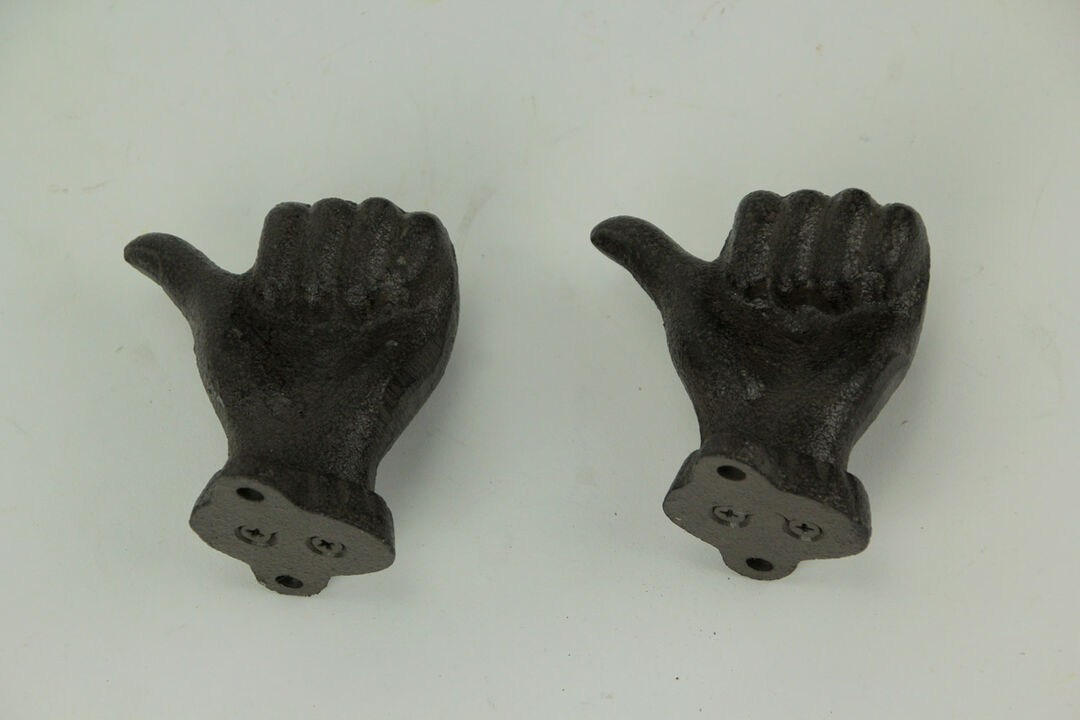 Brown Cast Iron Thumbs Up Hand Decorative Wall Hooks Set of 2