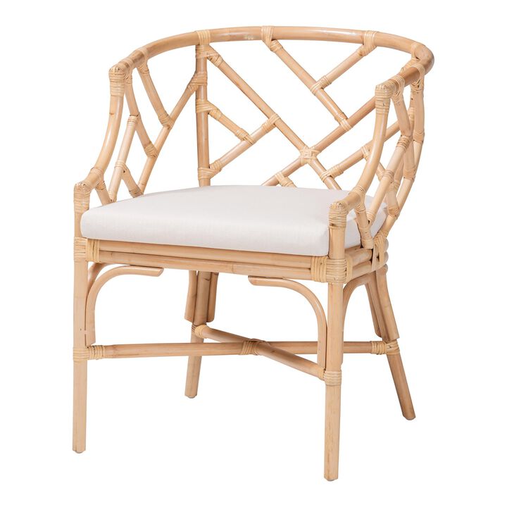 bali & pari Padma Natural Rattan Dining Chair - Handwoven Barrel Accent Chair with Bamboo-Style Frame and Lattice Detail for Boho, Coastal, or Tropical Dining or Lounge Area
