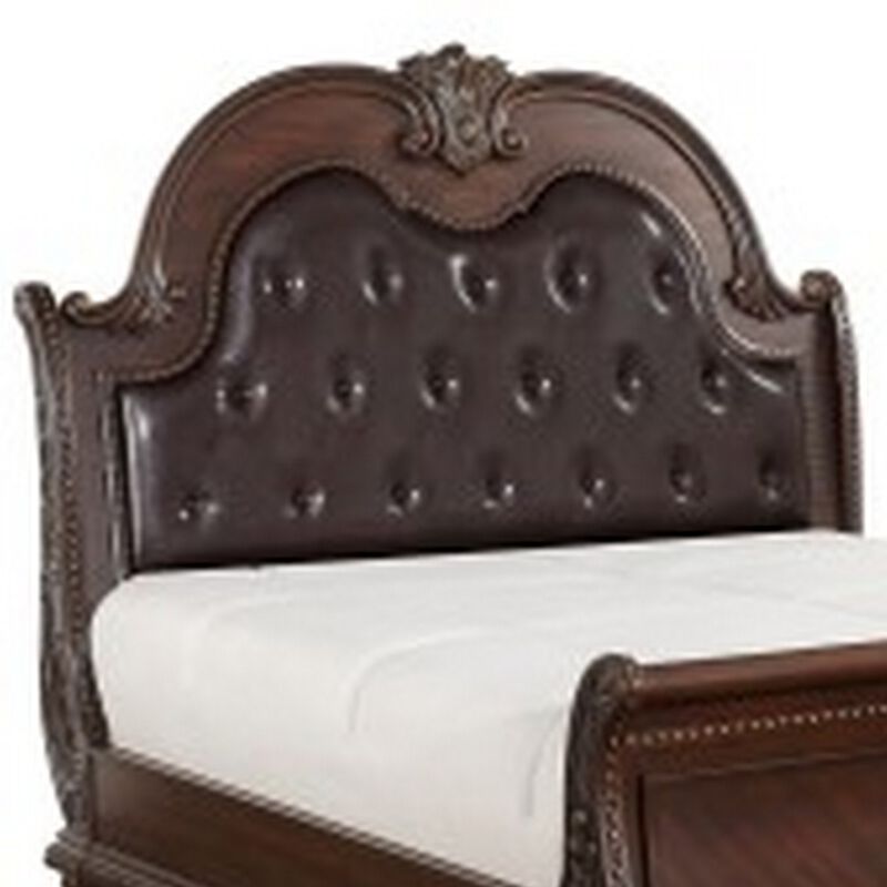 Caitlin Classic Queen Sleigh Bed, Tufted Arch Headboard, Brown Faux Leather - Benzara image number 2