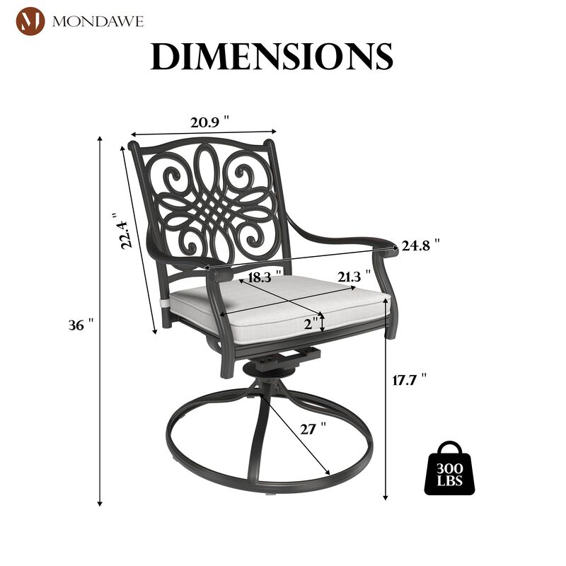 Mondawe 2 Pieces Cast Aluminum Swivel Chair Outdoor Patio Dining Chair with Olefin Fabric Cushion