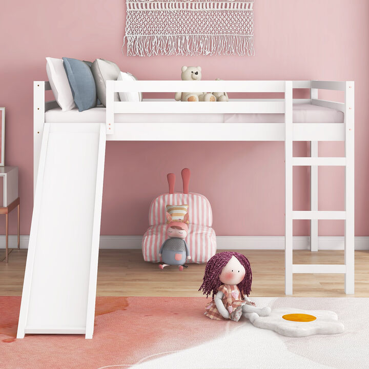 Whisen Full Loft Bed with Slide, Multifunctional Design- White