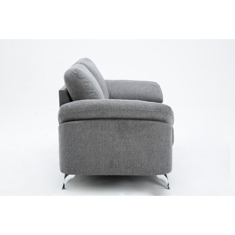Nel 64 Inch Loveseat with Soft Gray Linen, Chrome Metal Legs, Solid Wood - Benzara