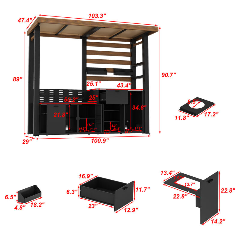 FUFU&GAGA Heavy-Duty Cedarwood BBQ Pavilion with Stainless Steel Countertop & Integrated Storage - Galvanized Steel Frame, Woodgrain Red/Brown & Black (89 in. W x 28.8 in. D x [Height] in. H) image number 9