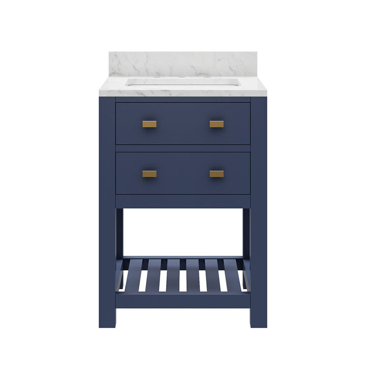 Madalyn 24 In. Single Sink Carrara White Marble Countertop Bath Vanity in Monarch Blue
