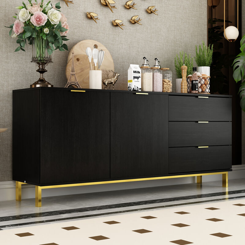 Sideboard Buffet Cabinet with 3 Drawers & 2 Doors for Kitchen, Entryway Cupboard with Gold Metal Legs, Black (62.9" L x 15.7" W x 27.5" H)