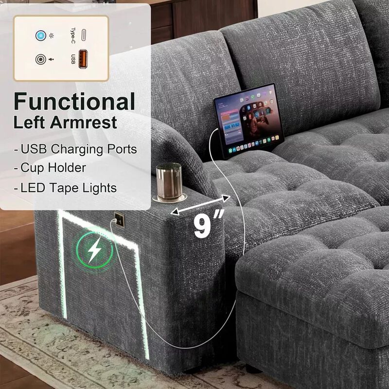 Vipbear 110" Modular Sectional Sleeper Sofa, Pull Out Bed, 7-Seat Chenille L-Shaped Couch, Storage image number 7