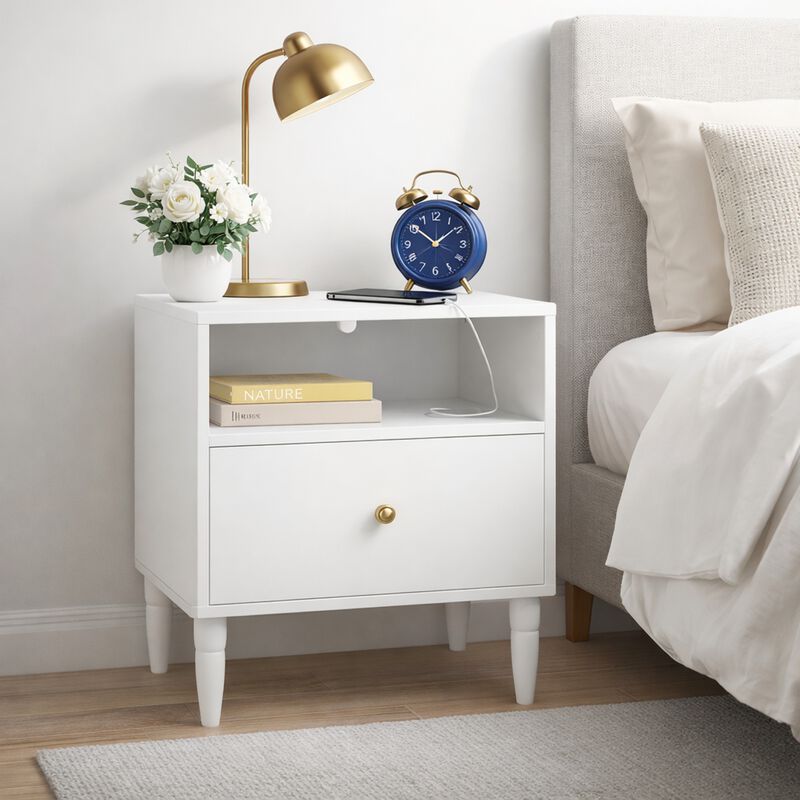 23.6" Assembled White Nightstand 1-Drawer 1-Shelf Gold Knob image number 1