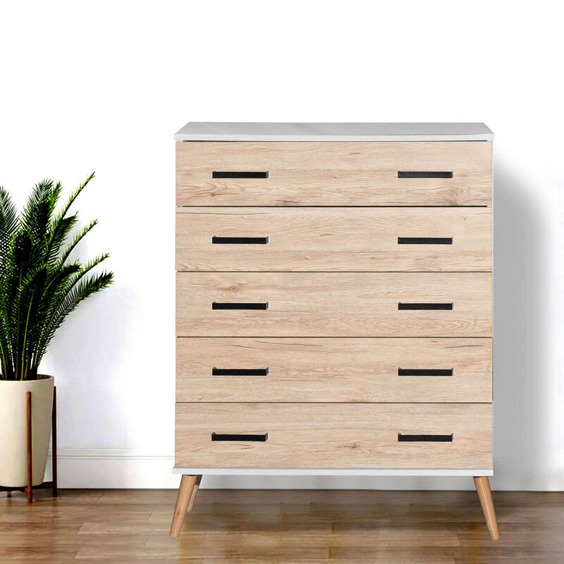 Better Home Products Eli Mid-Century Modern 5 Drawer Chest in White & Natural Oak