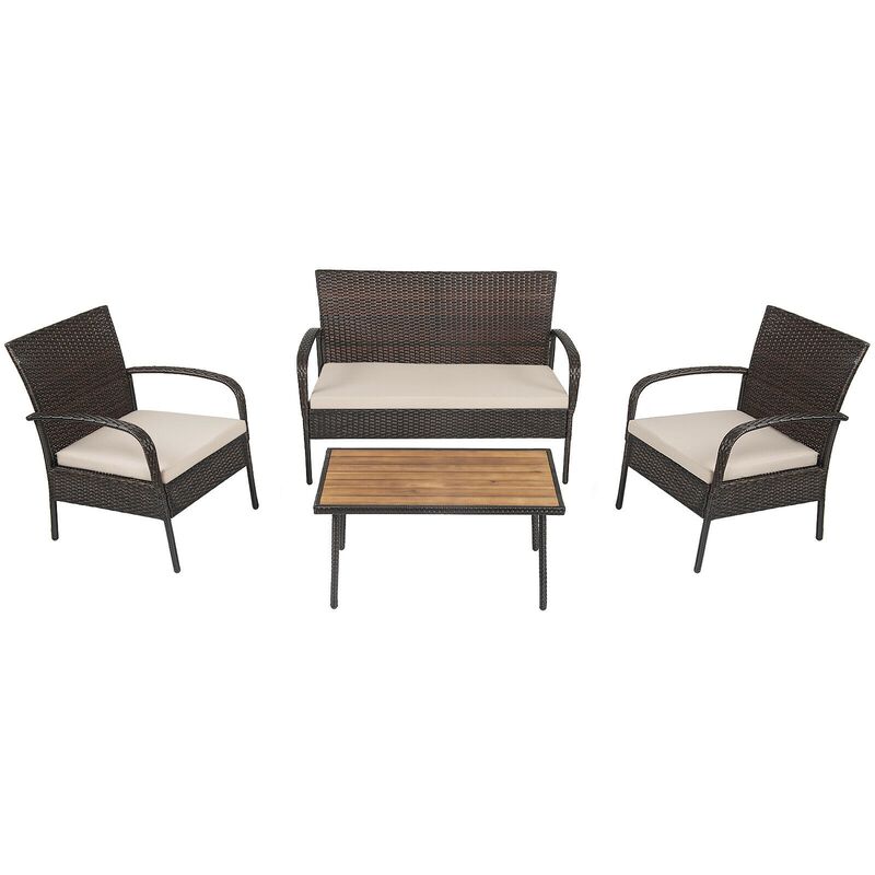 4 Pieces Patio Cushioned Wicker Conversation Set with Acacia Wood Tabletop