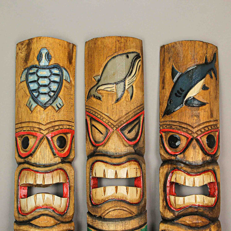 Set of 3 Tiki Mask Ocean Animal Totem Hand Carved Wall Decor Sculpture 40 Inch image number 1