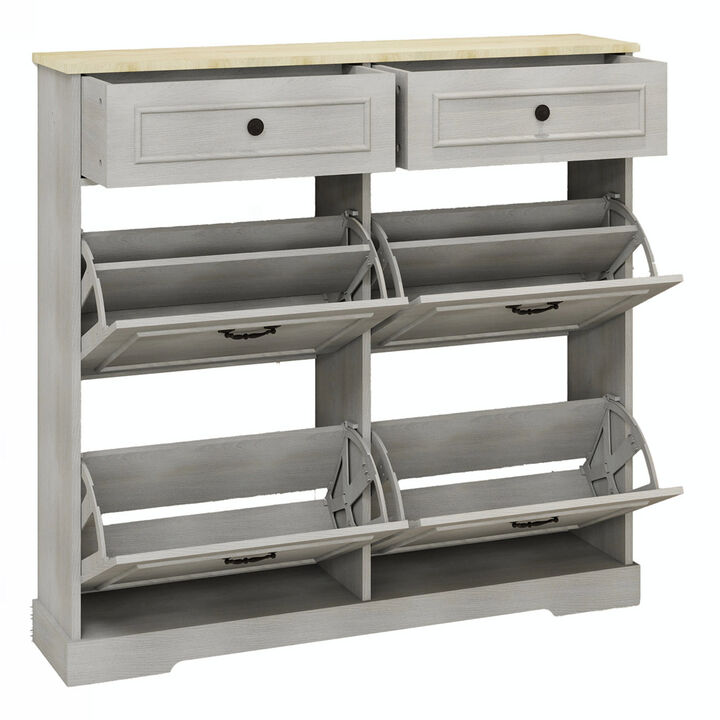 39.37 in. H x 41.3 in. W Antique White Shoe Cabinet with 2 Drawers and 4 Flip Drawers
